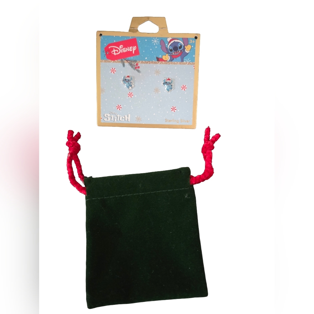 Sterling Silver Disney Stitch Earrings with Red and Green Velvet Pouch
